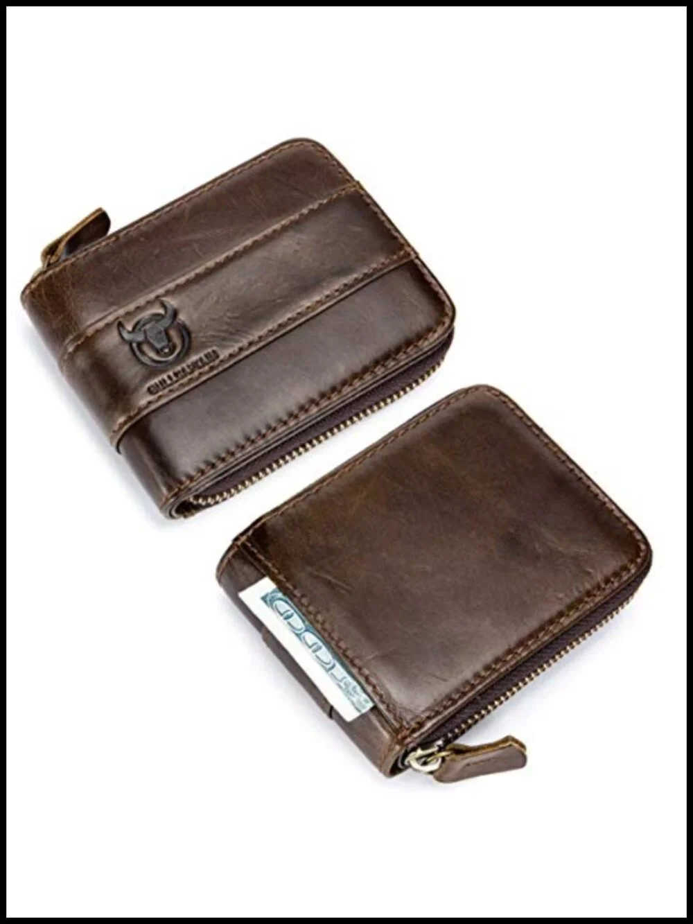 Genuine Cowhide Leather RFID Blocking Zipper Wallet with Coin Pocket